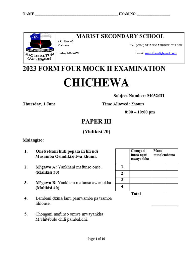 Chichewa Form Four Mock Exam 2023 | PDF | Linguistics | Languages