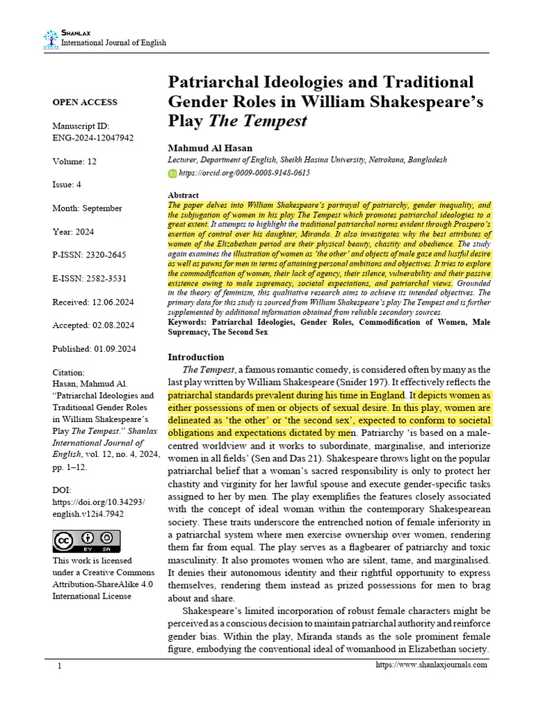 Patriarchy and Gender Roles in The Tempest | PDF | The Tempest | Patriarchy