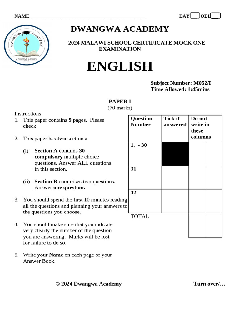 2024 MSCE English Mock Exam Paper 1 | PDF | Adverb | Adjective