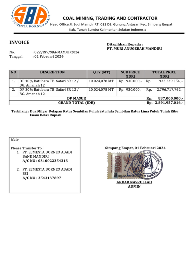 Invoice No 022 Sba-Mam Jan - 2024 | PDF
