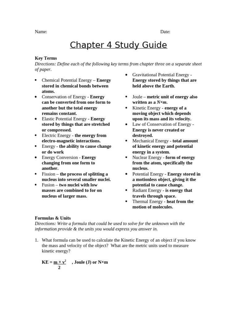 Chapter 4 Study Guide - Answers | PDF | Potential Energy | Kinetic Energy