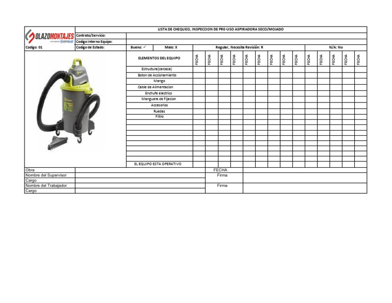 Lista de Chequeo para Aspiradora | PDF | Bienes manufacturados | Máquinas