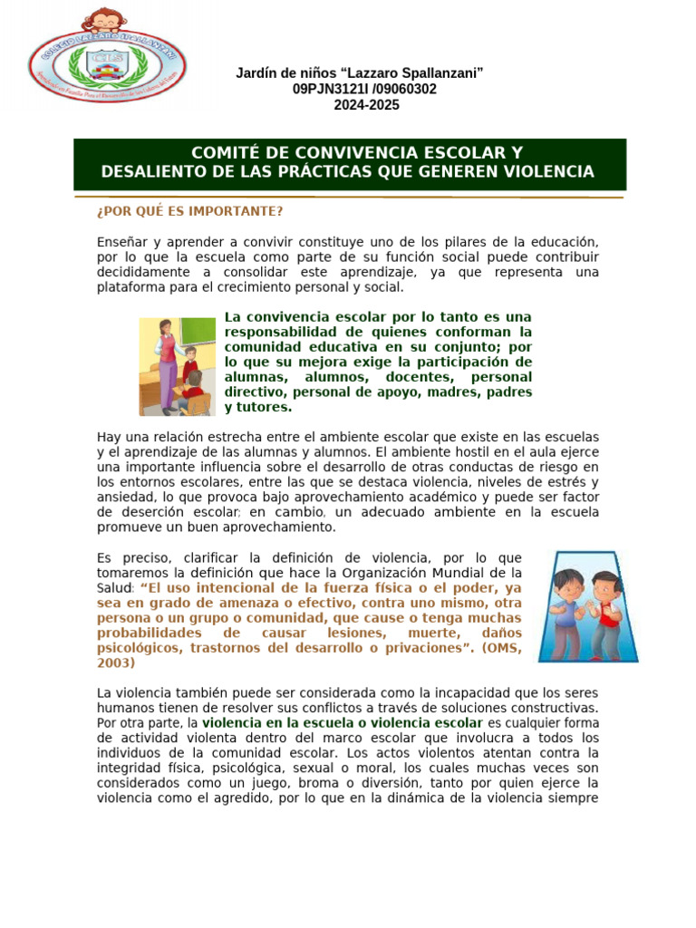 Convivencia Escolar y Desaliento de Las Prácticas Que Generen Violencia ...
