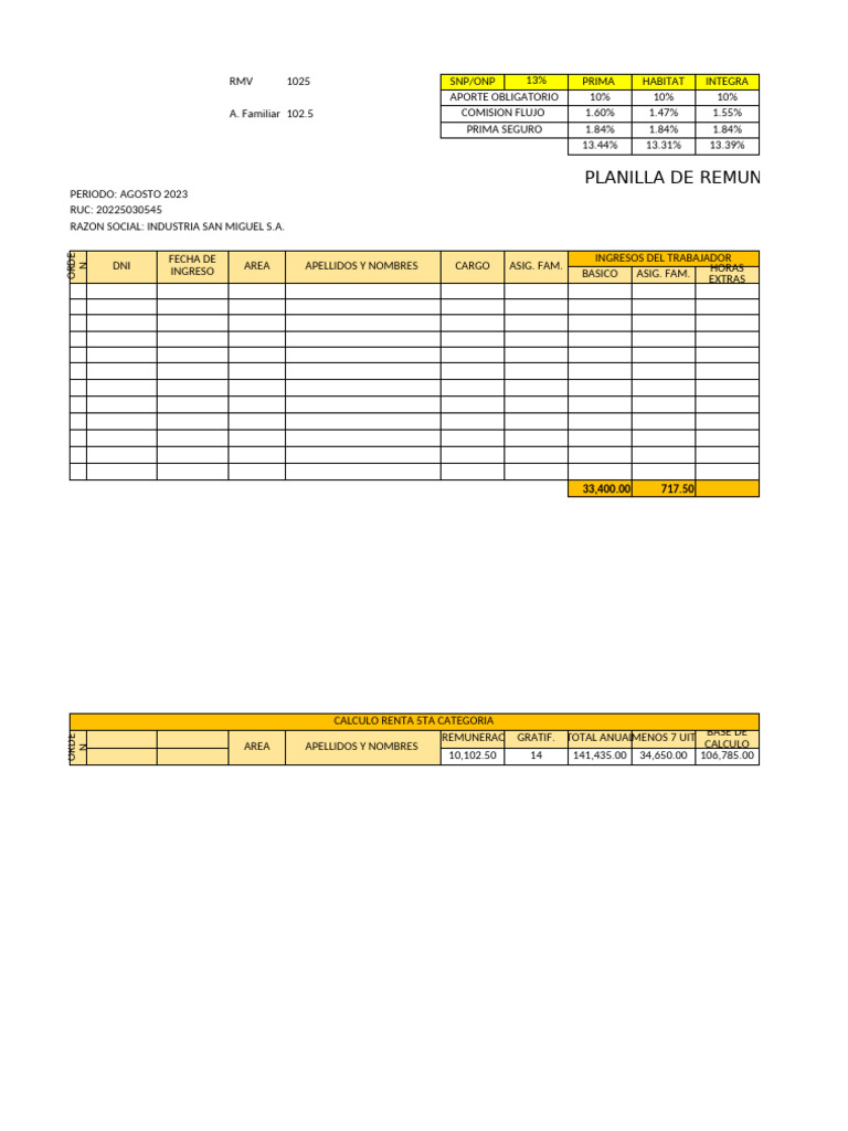 Planilla de Remuneracion | PDF | Compensación laboral | Sueldos y salarios