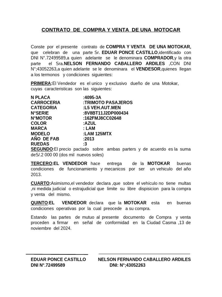 Contrato de Compra y Venta de Una Motocar | PDF