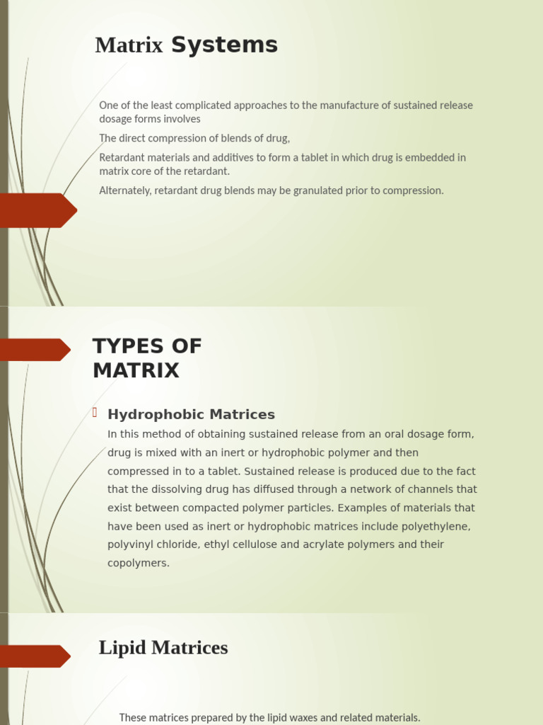 Matrix Systems Presentation | PDF | Pharmacokinetics | Polymers