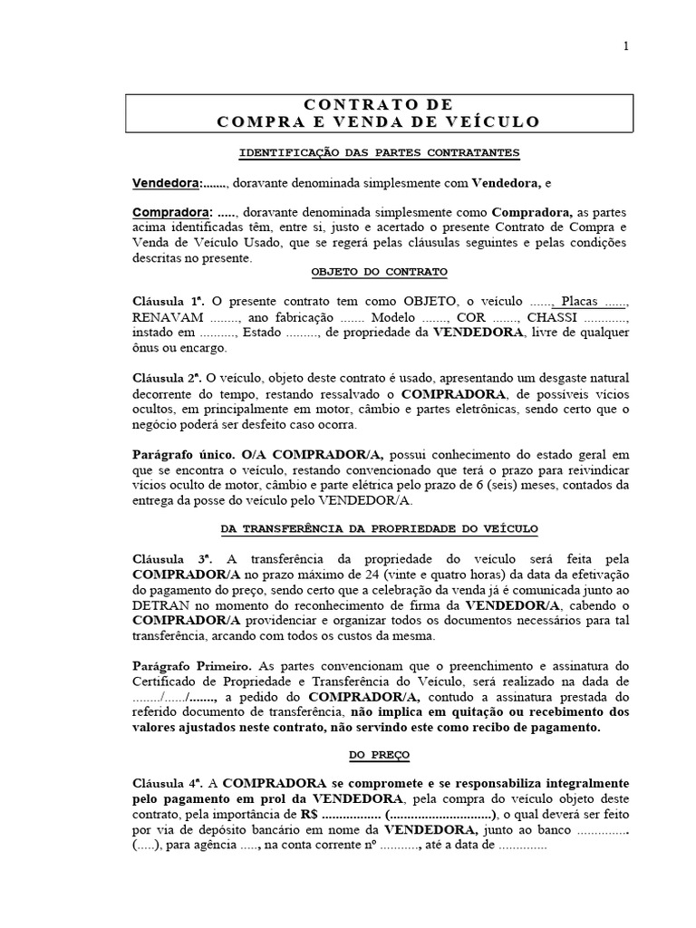 Contrato de Compra e Venda de Veículo | PDF | Finanças e Administração ...