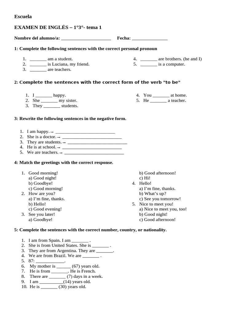 Examen Inglés 1° Año Tema 1 y 2 | PDF | Syntax | Linguistic Morphology