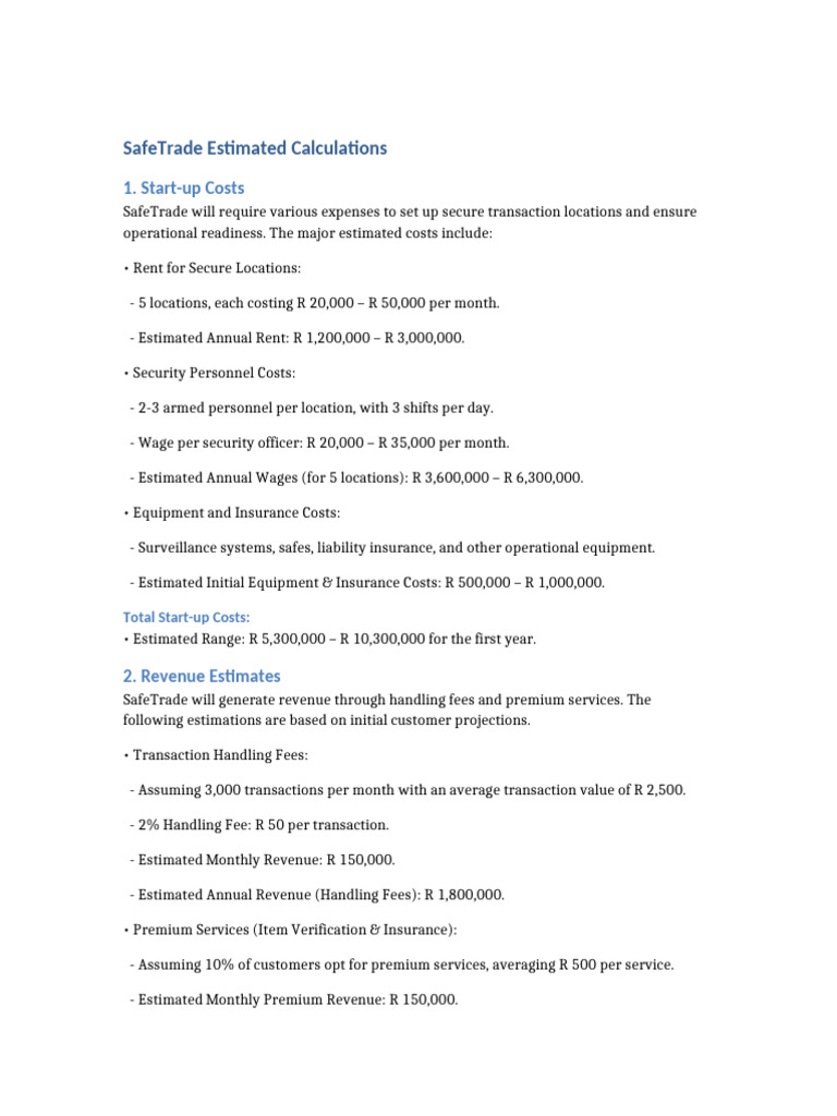 SafeTrade Start-up Cost & Revenue Estimates | PDF