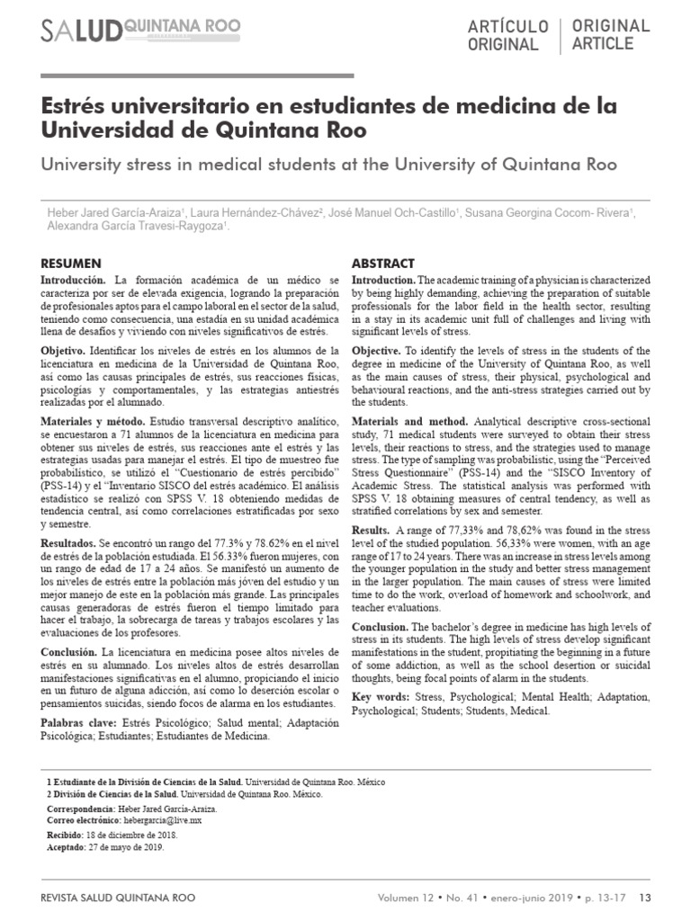 Estrés académico en estudiantes de medicina | PDF | Estrés (biología ...