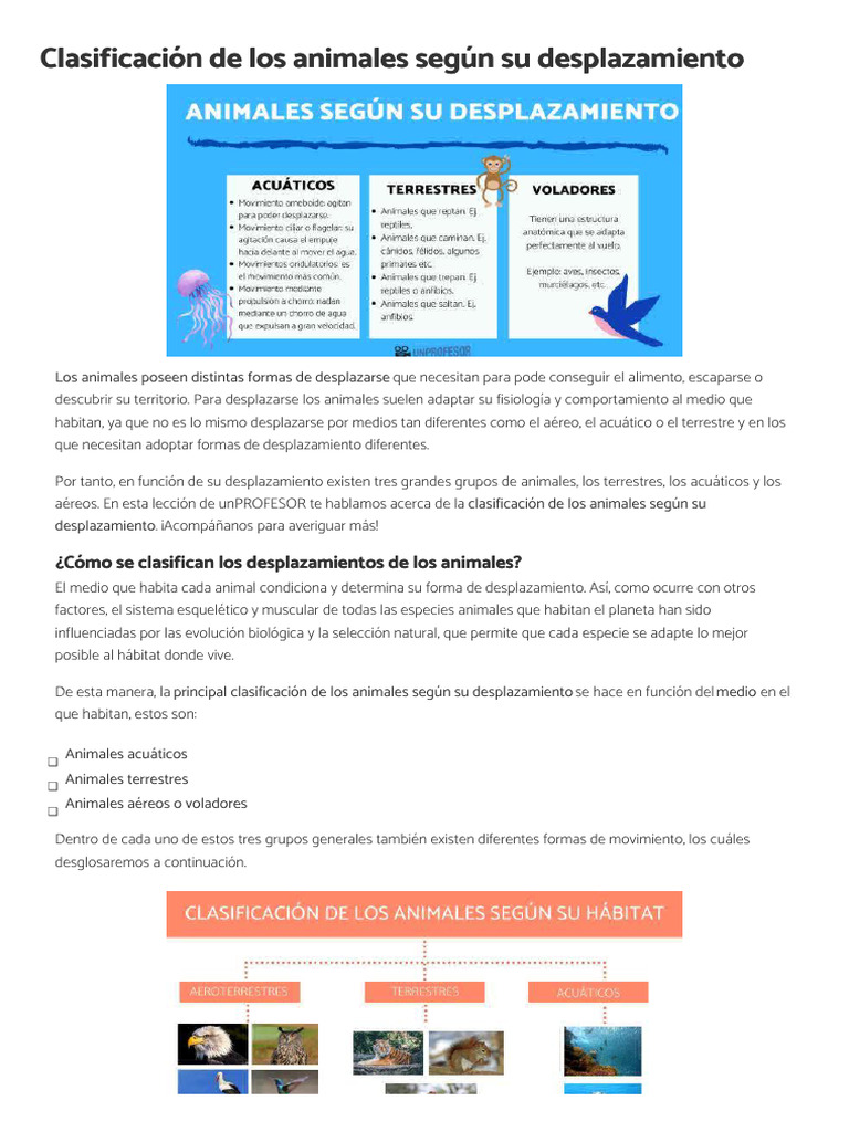 Clasificación de Los Animales Según Su Desplazamiento | PDF ...