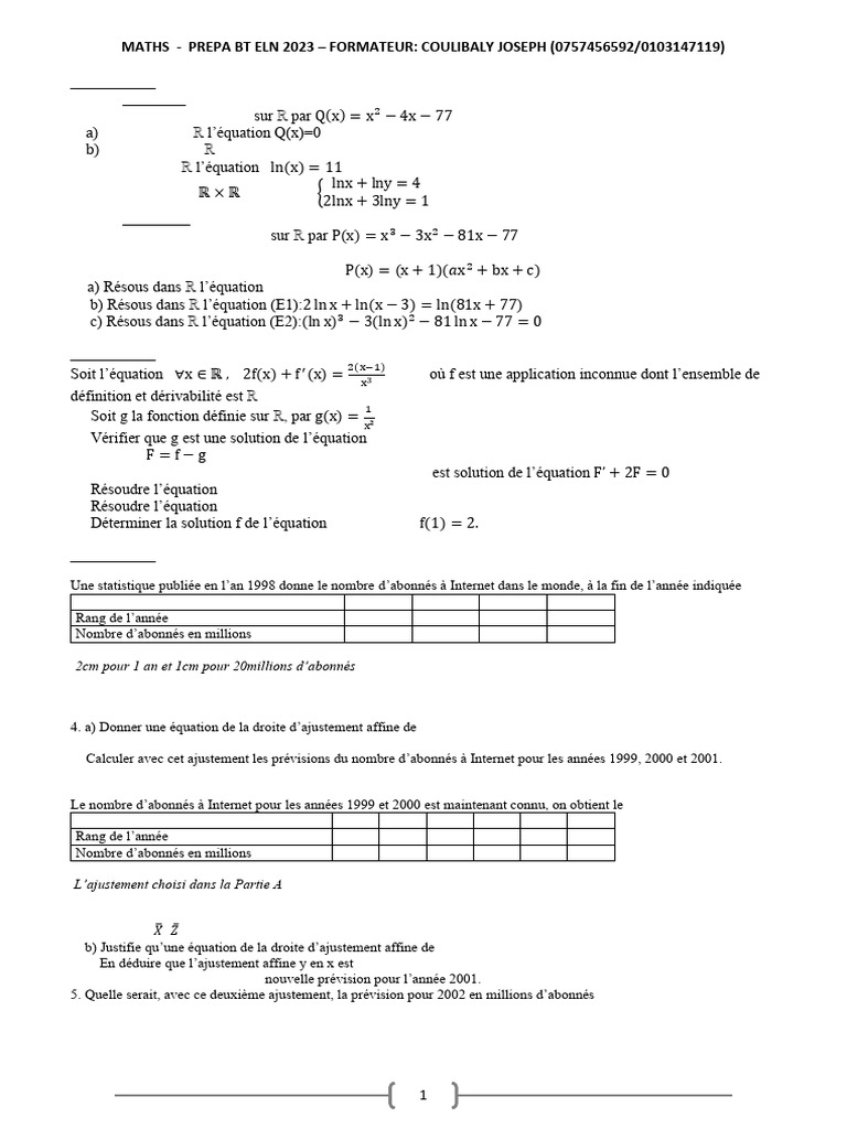Exercices de Maths pour Prépa BT ELN 2023 | PDF | Intégral | Nombre ...