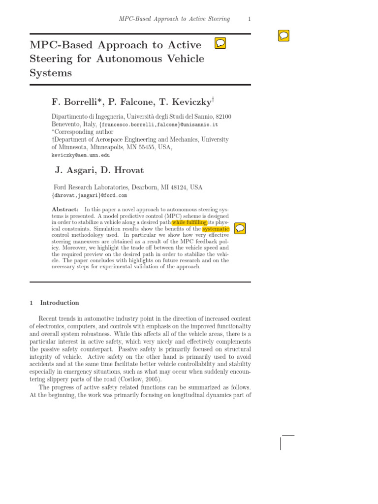 MPC for Active Steering in Autonomous Vehicles | PDF | Mathematical ...