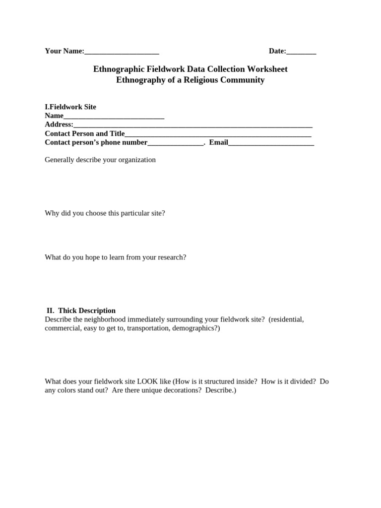 Ethnographic Fieldwork Worksheet Guide | PDF | Field Research | Ethnography