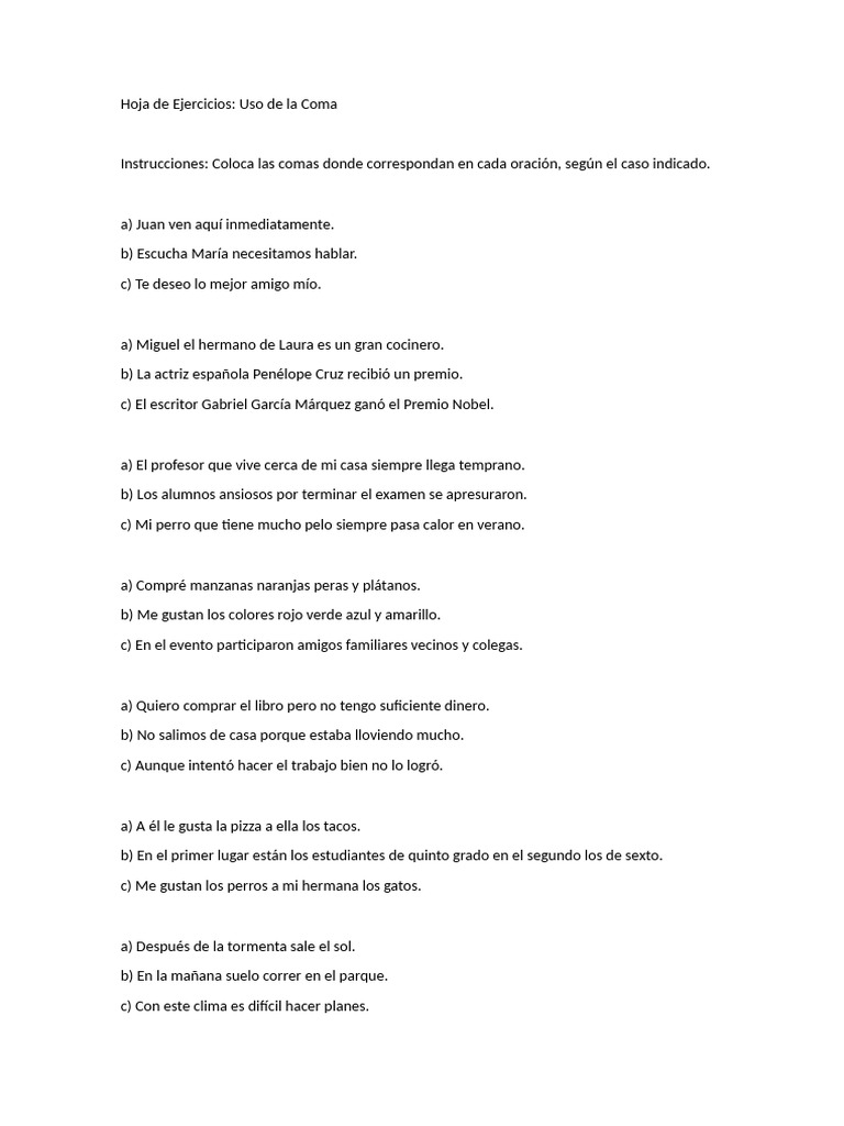 Hoja de Ejercicios USO de LA COMA Diagnóstico | PDF