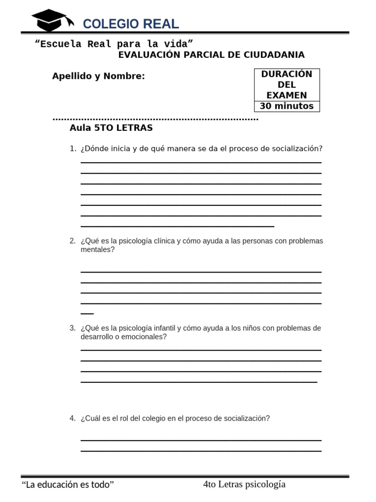 5to Letras Psicologia - Evaluacion Parcial - Alex Quiñones | PDF ...