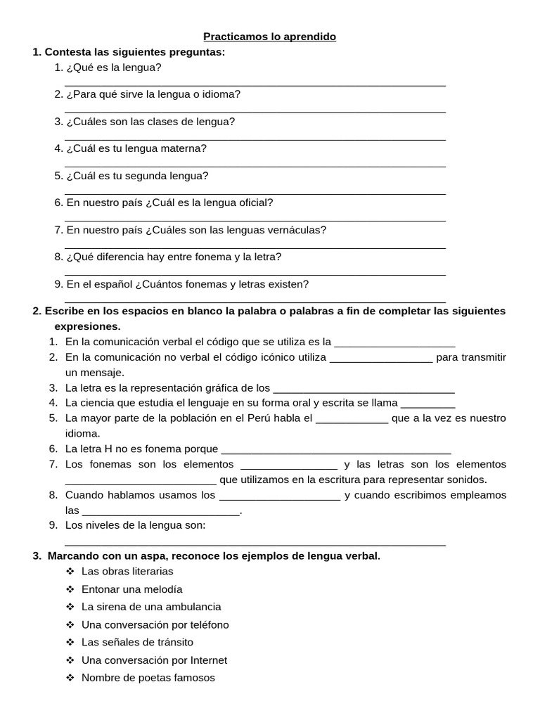 Ejercicios sobre Lengua y Comunicación | PDF | Comunicación | Lengua ...