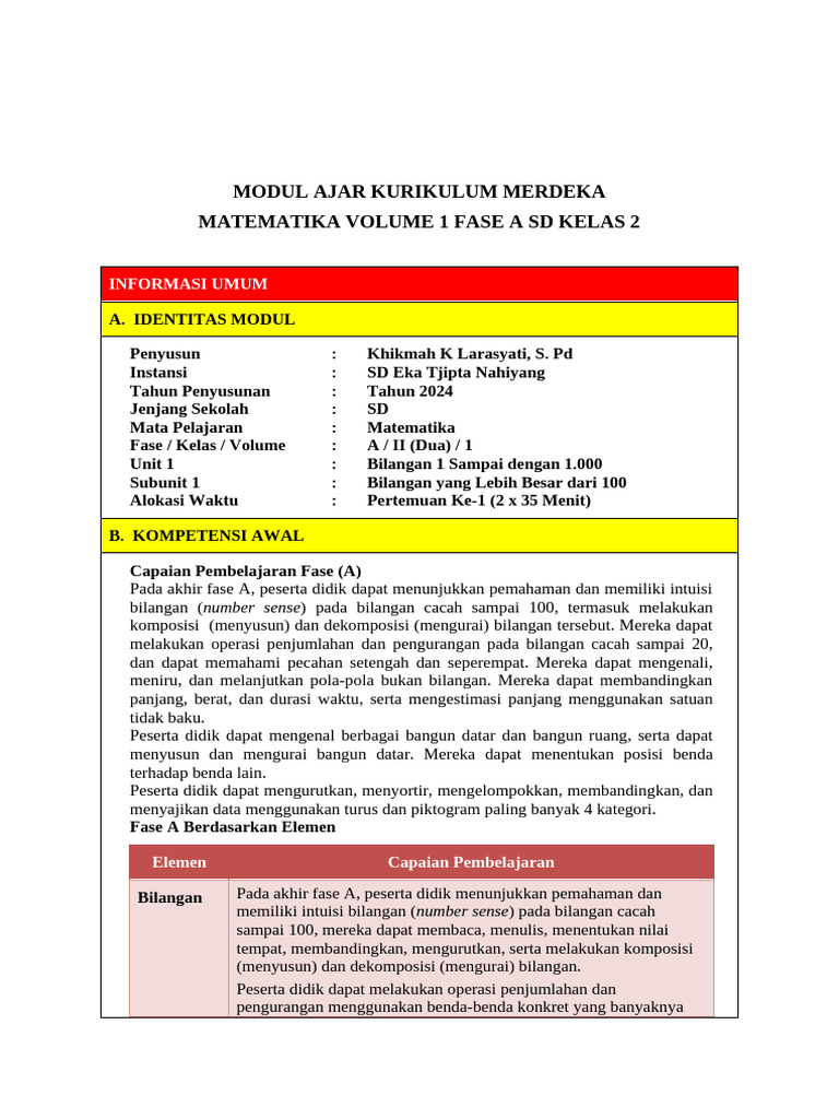 Modul Ajar Matematika SD Kelas 2 | PDF | Karier & Perkembangan