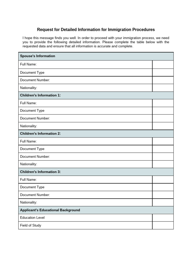 Request For Detailed Information For Immigration Procedures | PDF ...