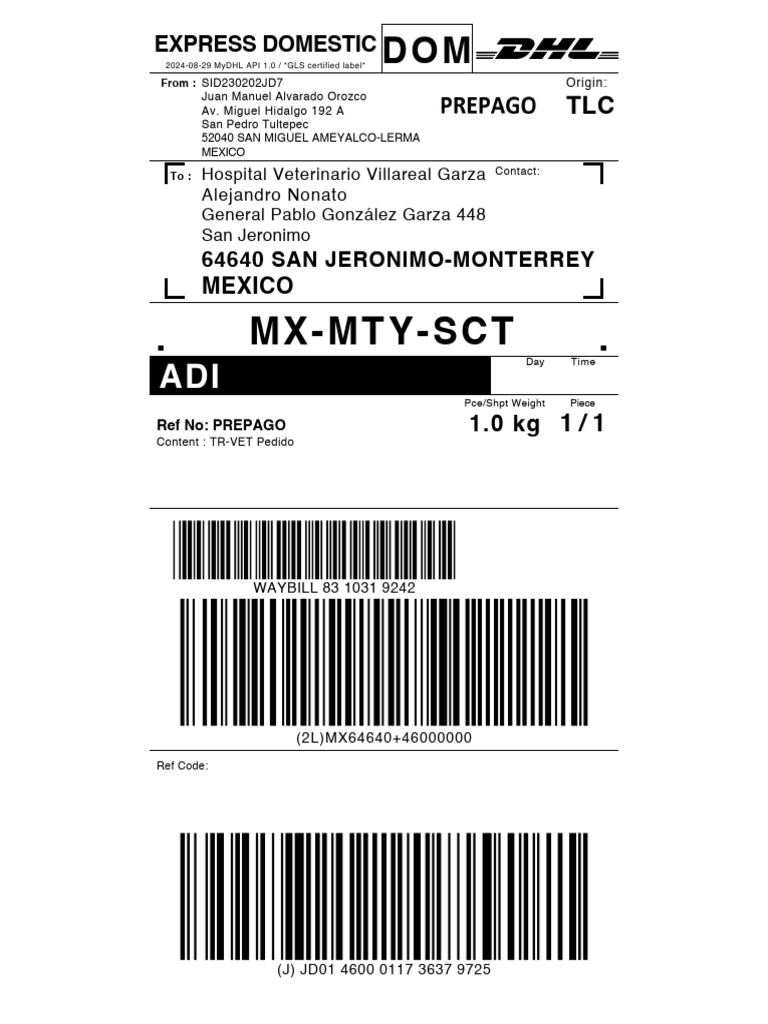 MyDHL API Domestic Shipment Details | PDF
