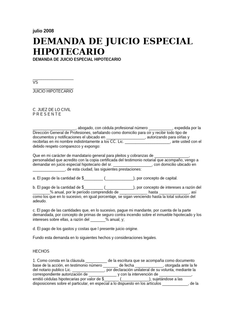Machote Juicio Especial Hipotecario | PDF | Ley común