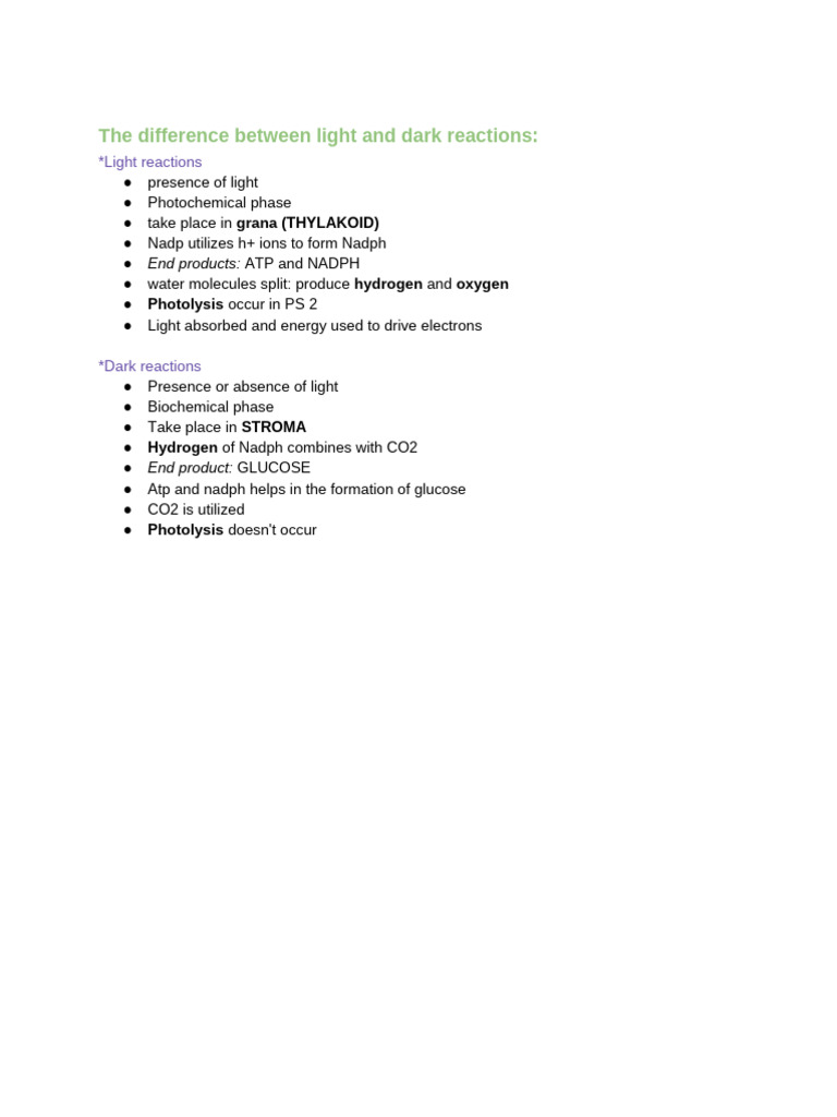 The Difference Between Light and Dark Reactions | PDF