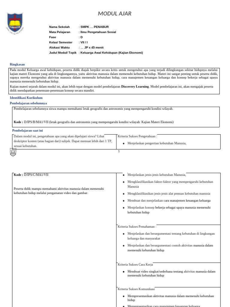C Modul Ajar Tema 1 Keluarga Awal Kehidupan Kajian Ekonomi Pdf