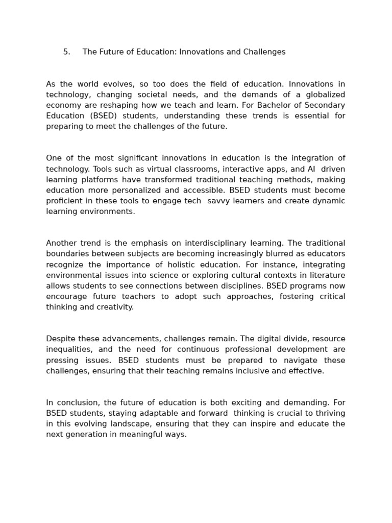 Future of Education: Trends for BSED Students | PDF | Teachers | Innovation