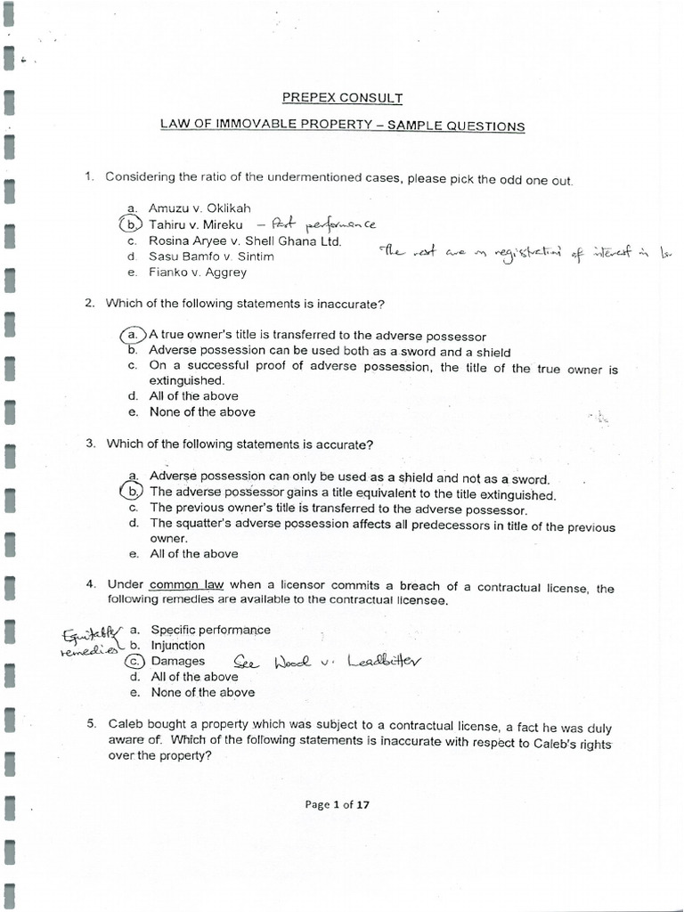 Pretext Consult (Law of Immovable Property) - Sample Questions | PDF