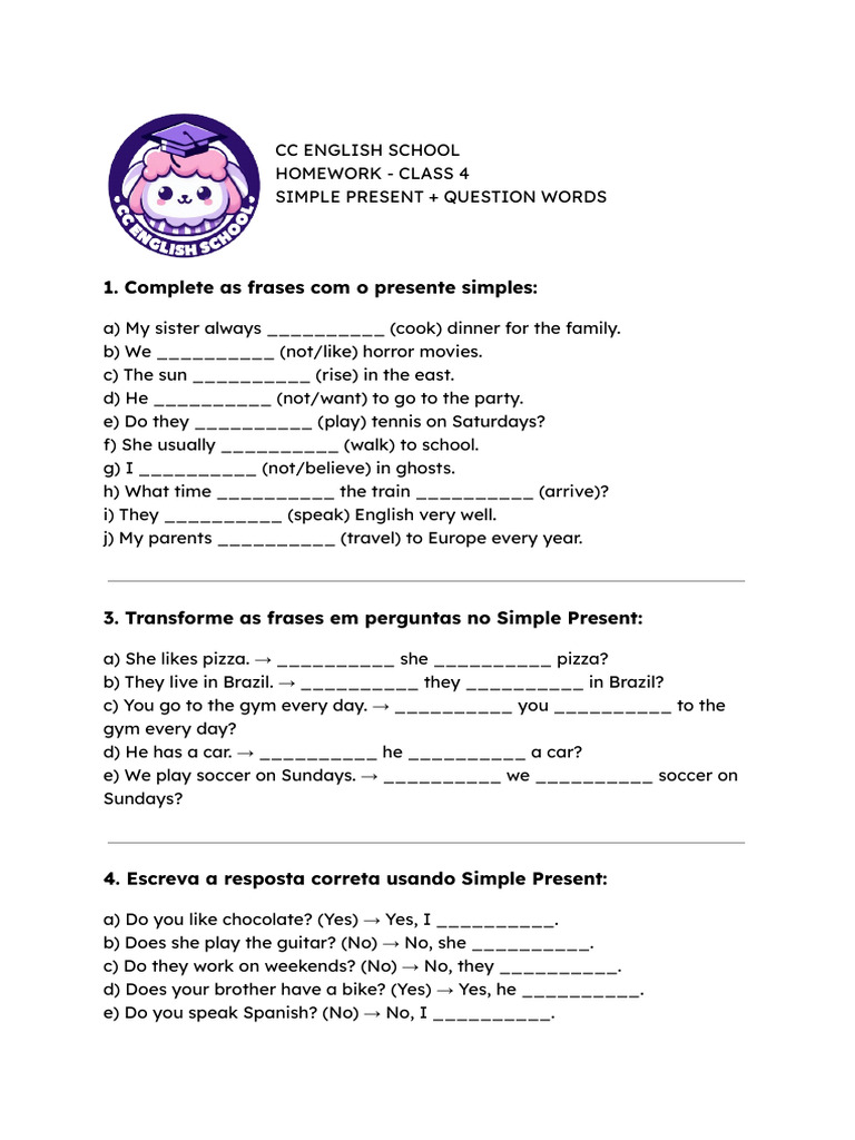 Simple Present Homework for Class 4 | PDF | Teaching Methods & Materials