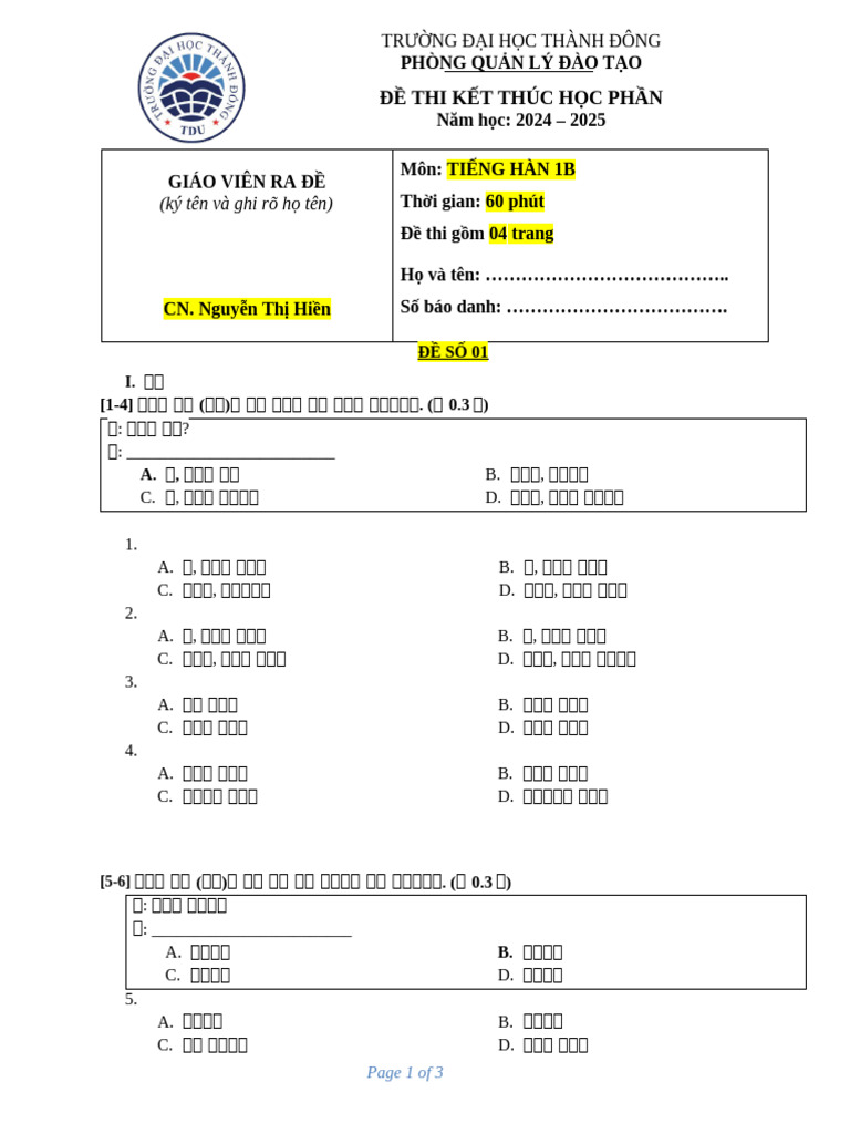 TIẾNG HÀN 1B 1 | PDF