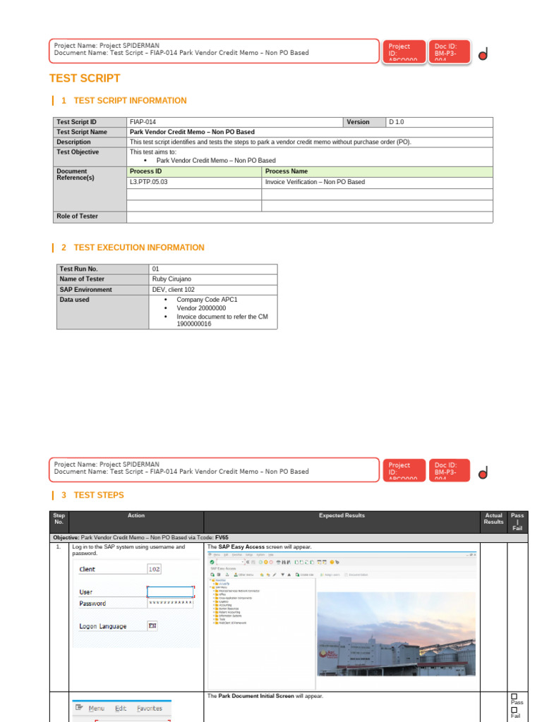 BM-P3-004 Test Script FIAP-014 FV65 Park Vendor Credit Memo - Non PO ...