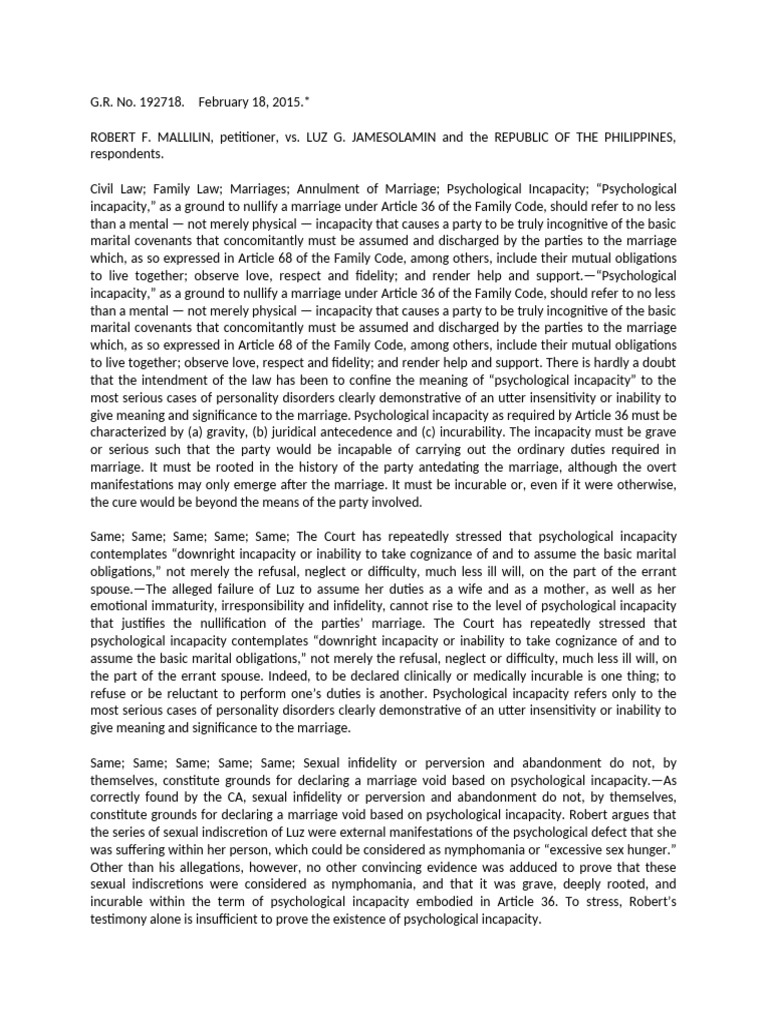Mallilin vs. Jamesolamin - Psychological Incapacity | PDF | Annulment ...