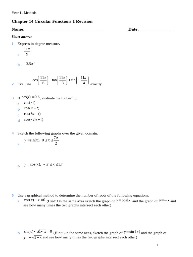 Circular functions 1 review pdf angle circle