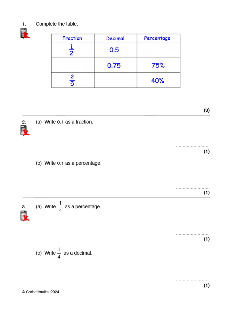 Fractions Decimals Percentages Grade 5 | PDF | Percentage | Decimal