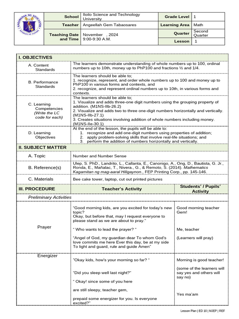 Grade 1 Math Lesson Plan on Addition | PDF | Cognition | Behavior ...