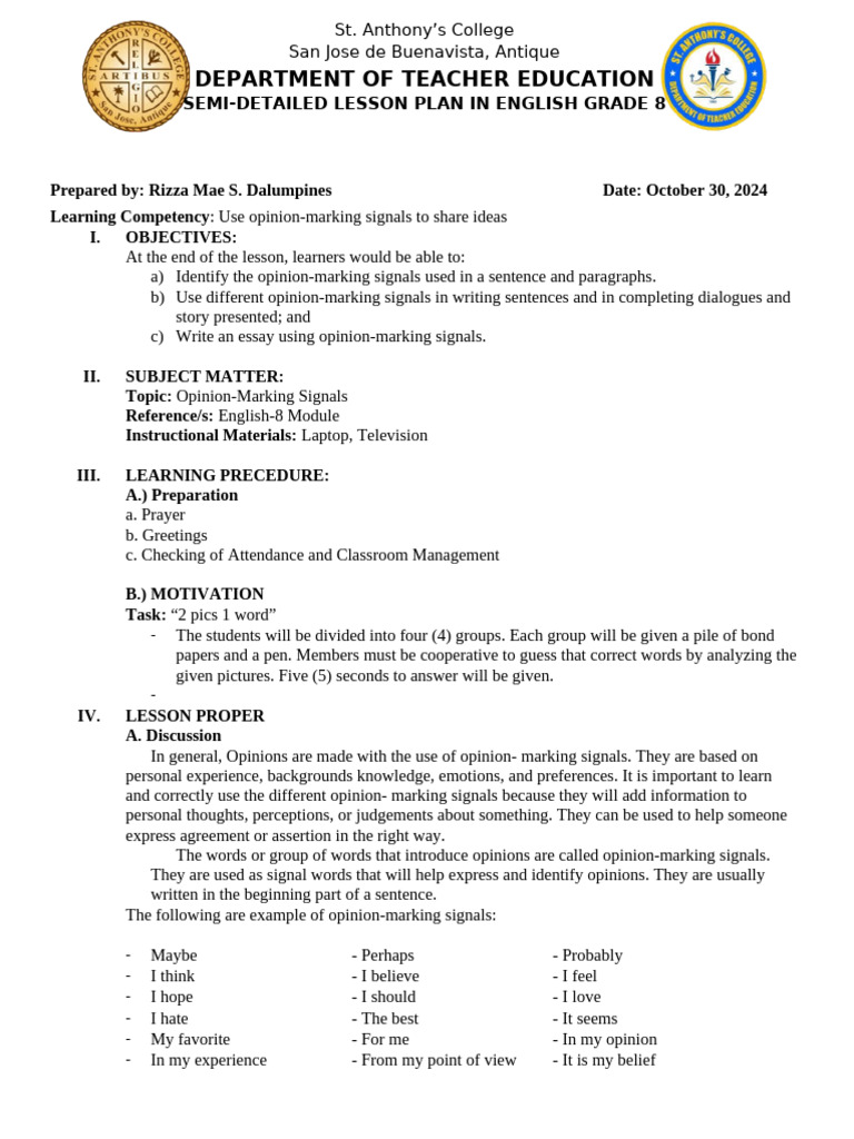 Opinion marking signals lesson plan pdf learning lesson plan
