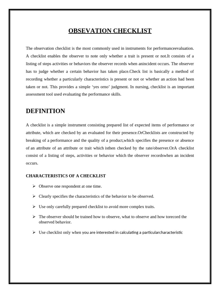 Obsevation Checklist | PDF | Behavioural Sciences | Psychological Concepts