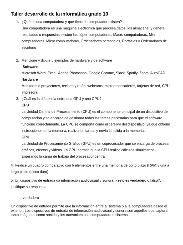 Taller Informática Grado 10: Conceptos Clave | PDF | Hardware de la ...