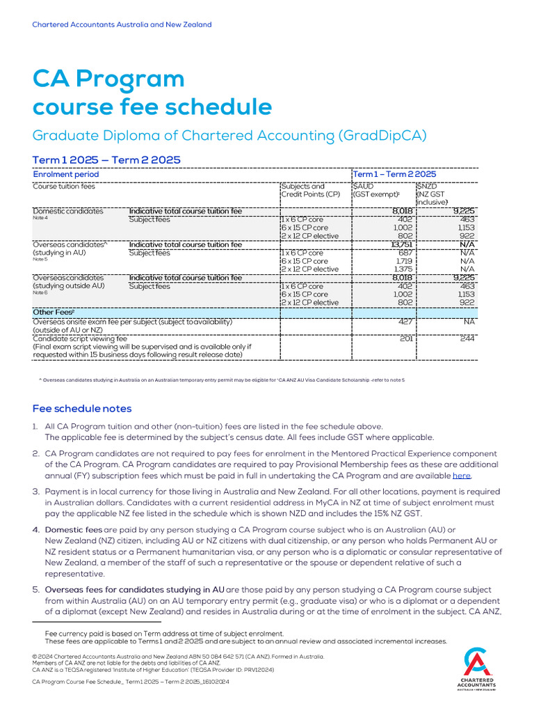 CA Program GradDipCA Course Fee Schedule Term 1 2025 Term 2 2025 | PDF