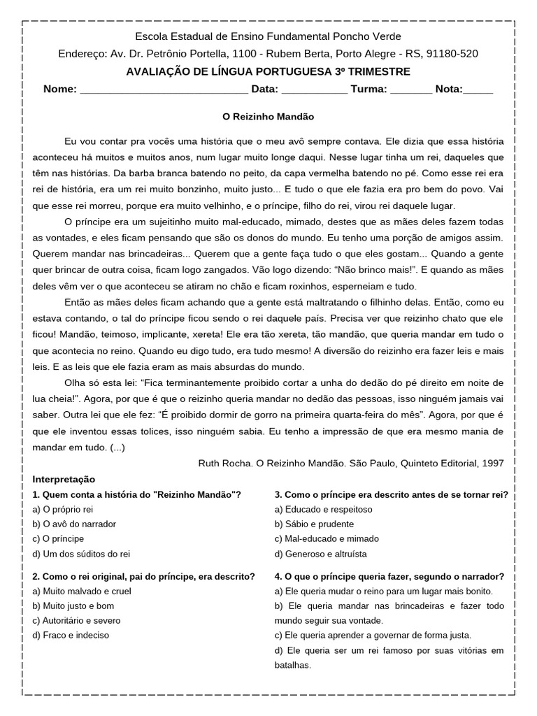 Avaliação de 3º trimestre de 2024 - Lingua Portuguesa | PDF | Sílaba