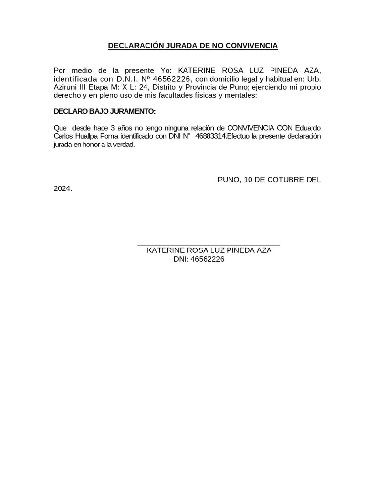Declaración Jurada de No Convivencia | PDF | Derecho