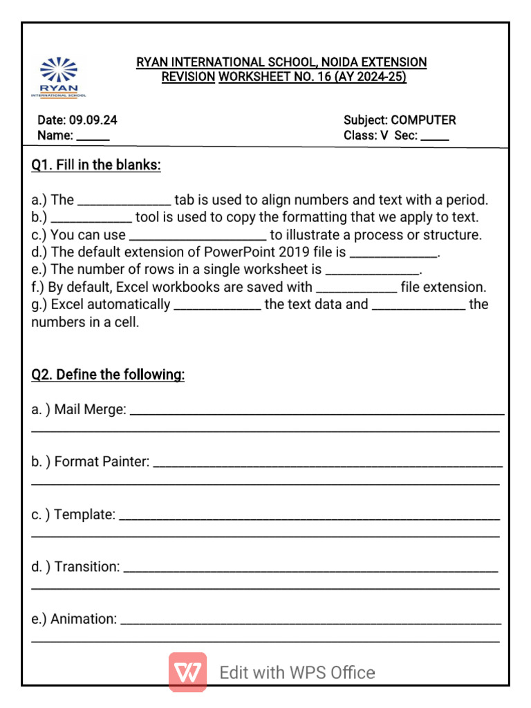 Computer Revision Worksheet 16.class 5 | PDF | Microsoft Excel | Worksheet