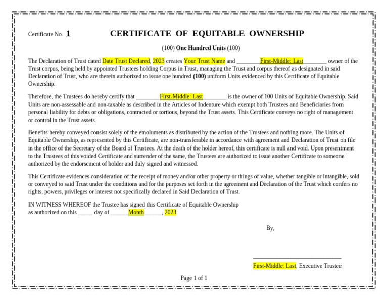Certificate of Equitable Ownership: 100 Units | PDF | Trustee | Civil ...