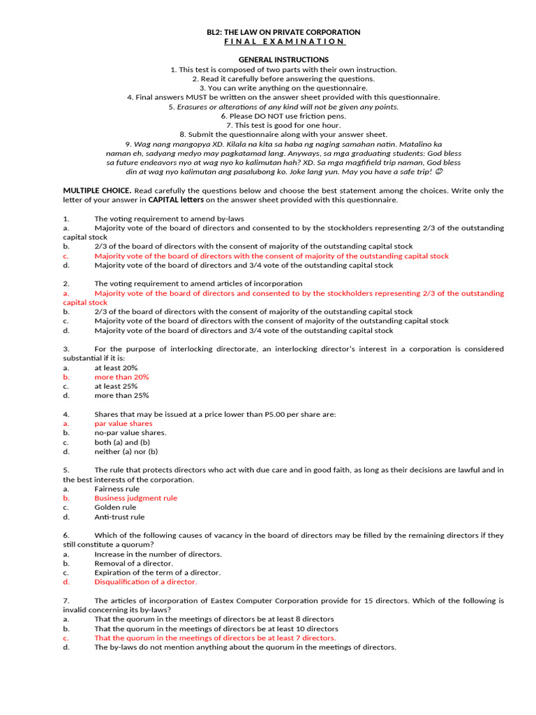 Private Corporation Law Exam Guide | PDF | Stocks | Board Of Directors
