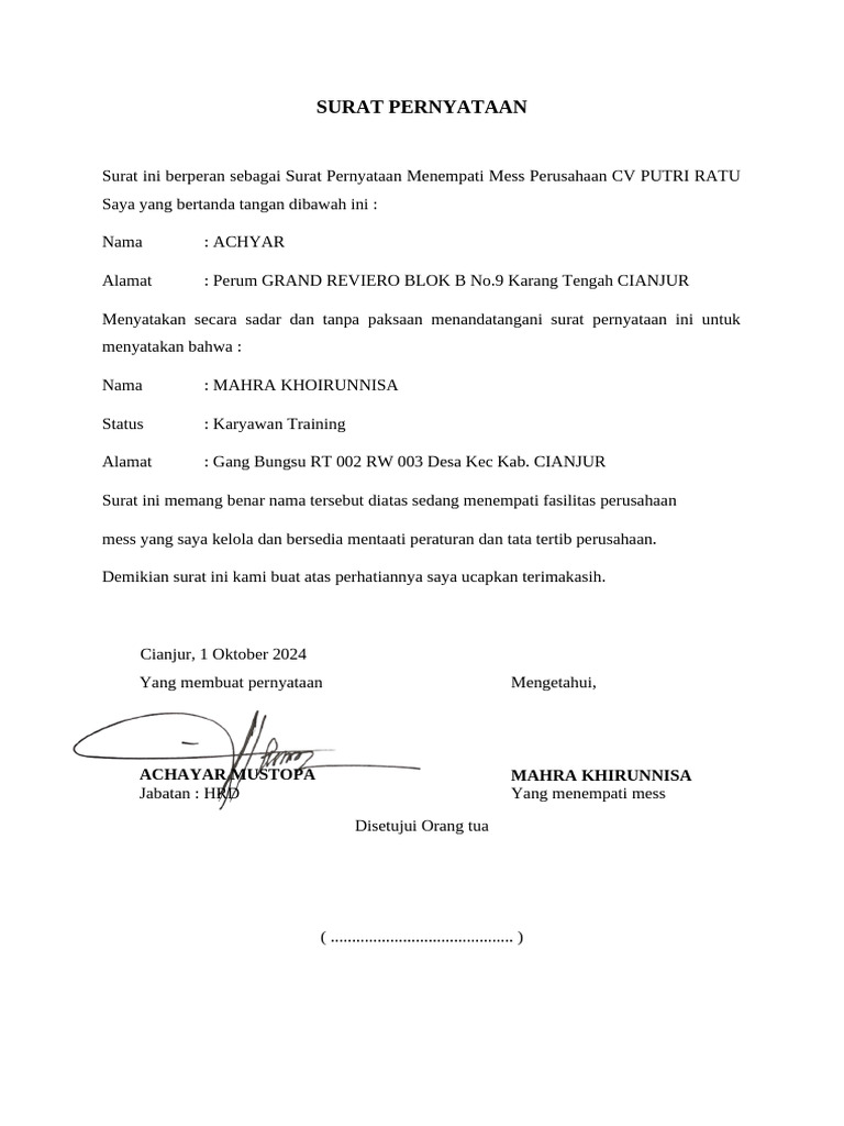 Surat Pernyataan Tinggal di Mess Perusahaan | PDF