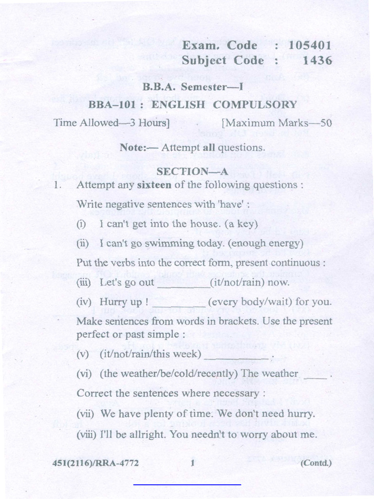 English Bba 1st Sem 2016 | PDF | Linguistics