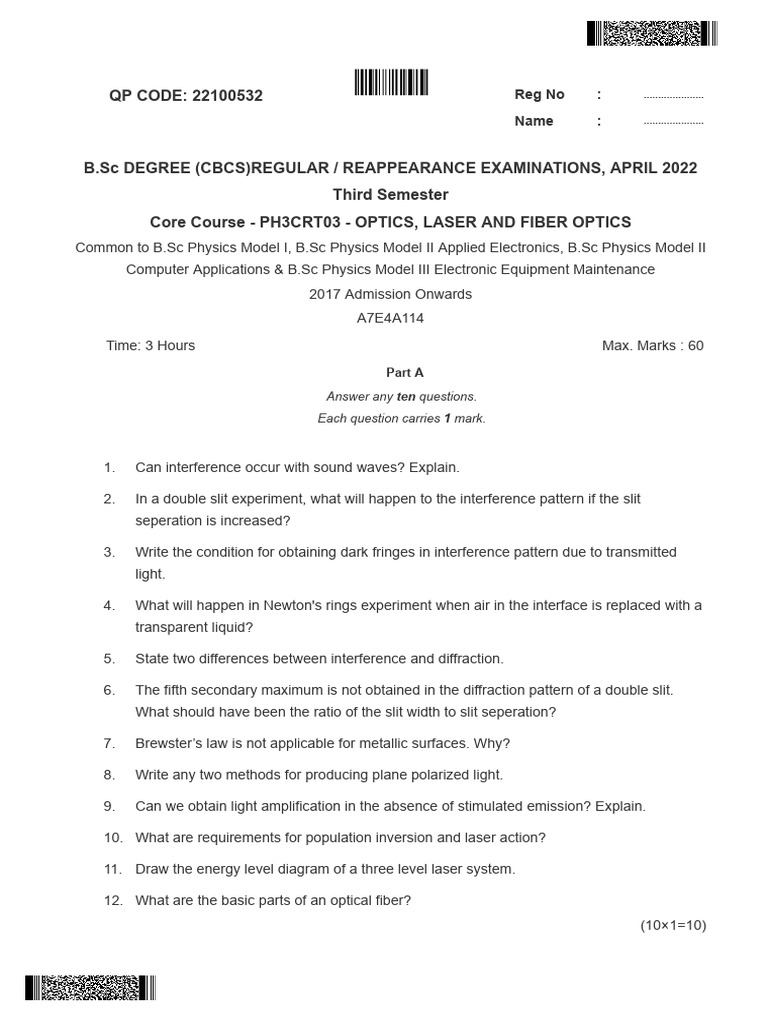 B.Sc Optics & Laser Exam Paper 2022 | PDF | Laser | Diffraction