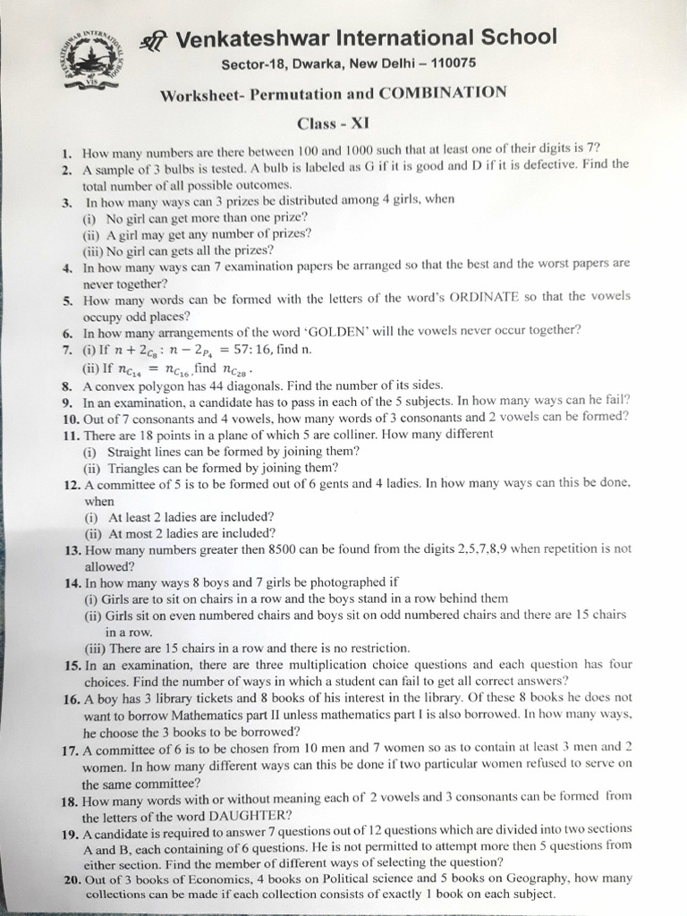 Permutation and Combination Worksheet XI 06-Sep-2024 13-22-44 | PDF