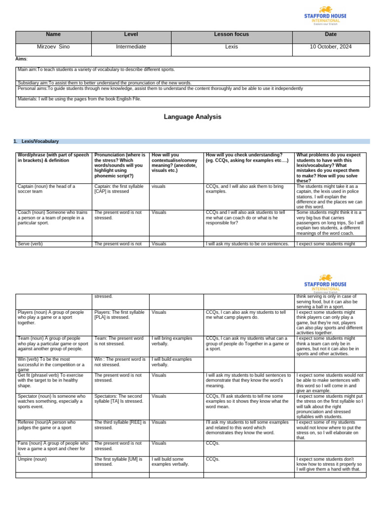 Sports Vocabulary Lesson Plan | PDF | Verb | Word